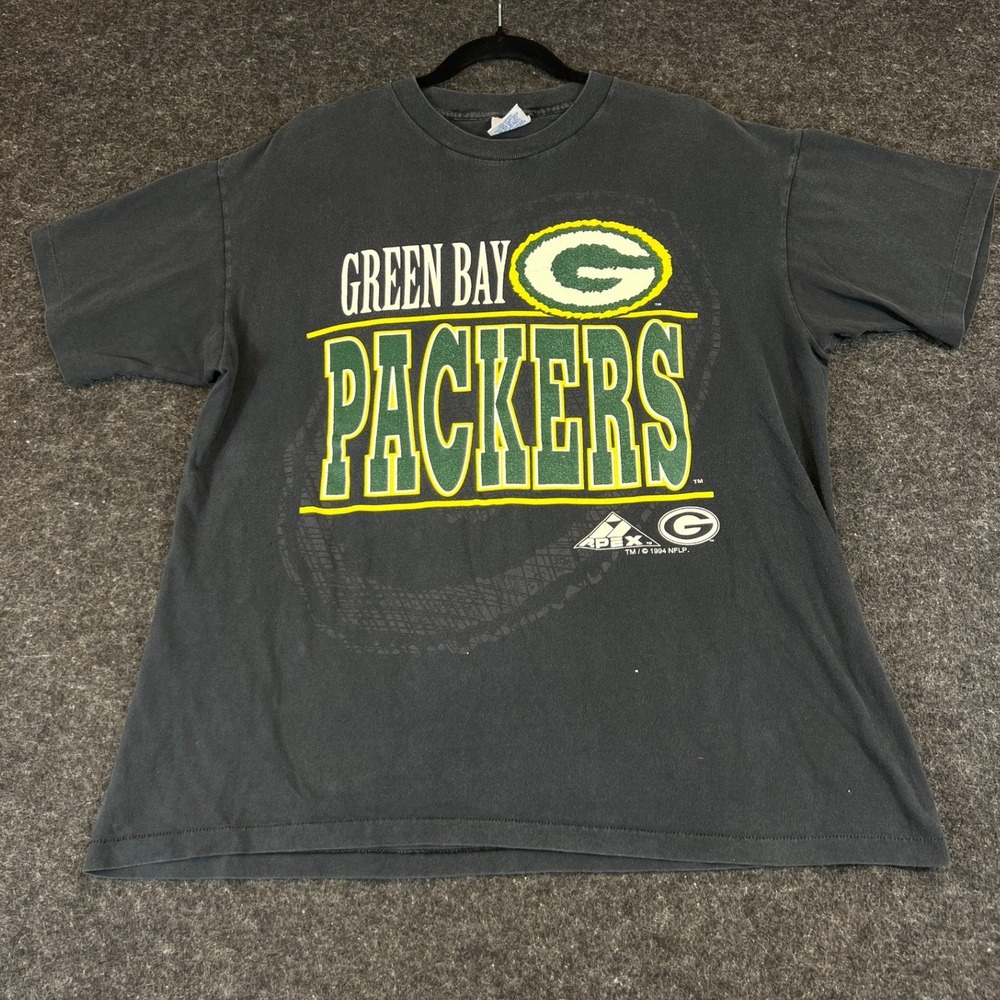 Vintage 90s Apex One Green Bay Packers T Shirt Black Mens Large NFL USA Made